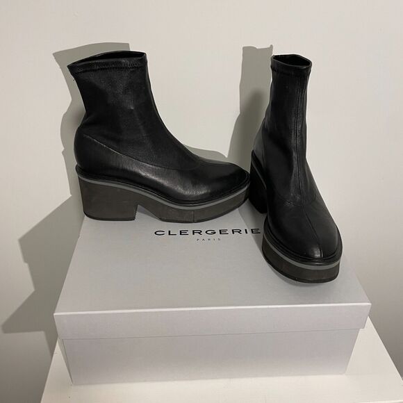 NEW w/ box Clergerie Paris Albane Black Stretch Block Heel Mid Ankle Boot 37.5/7 - Picture 1 of 10
